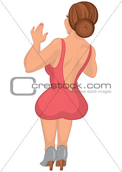 Cartoon young woman in pink dress with open back back view
