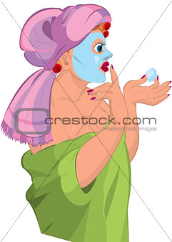 Cartoon young woman in robe and blue spa face mask