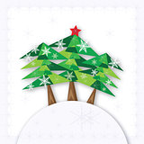 Three green Christmas fir trees on the hill on white background.