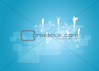 Silhouettes of business people, network and world map