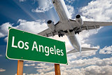 Los Angeles Green Road Sign and Airplane Above