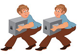 Happy cartoon man in brown pants walking with boxes