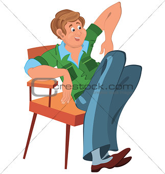 Happy cartoon man sitting in armchair in green west and blue pan