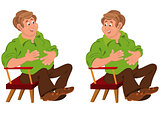 Happy cartoon man sitting in armchair with hands on stomach