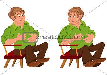 Happy cartoon man sitting in armchair with hands on stomach