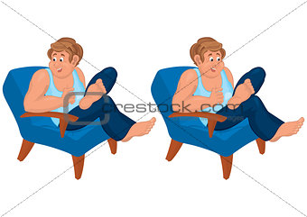 Happy cartoon man sitting in blue chair in blue top
