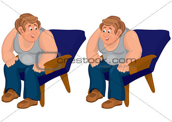 Happy cartoon man sitting in blue chair in gray top