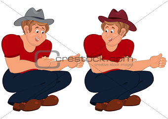 Happy cartoon man sitting in red top and hat