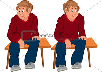 Happy cartoon man sitting on brown bench