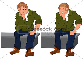 Happy cartoon man sitting on gray bench