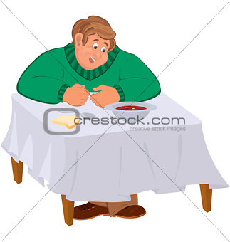 Happy cartoon man sitting with soup at the table