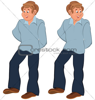 Happy cartoon man standing in blue pants