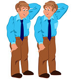 Happy cartoon man standing in blue shirt and tie