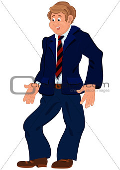 Happy cartoon man standing in blue suit and red striped tie