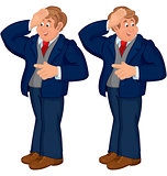 Happy cartoon man standing in blue suit touching forehead