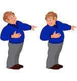 Happy cartoon man standing in blue sweater and gray pants pointi