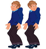 Happy cartoon man standing in blue top and brown pants