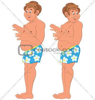 Happy cartoon man standing in blue underwear