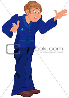 Happy cartoon man standing in blue uniform