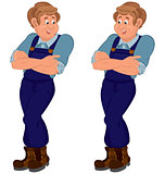 Happy cartoon man standing in brown boots with hands on chest