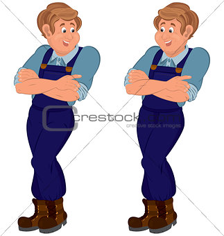 Happy cartoon man standing in brown boots with hands on chest