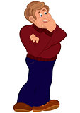 Happy cartoon man standing in brown shoes and red sweater
