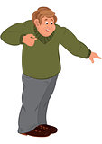 Happy cartoon man standing in brown shoes holding hand away