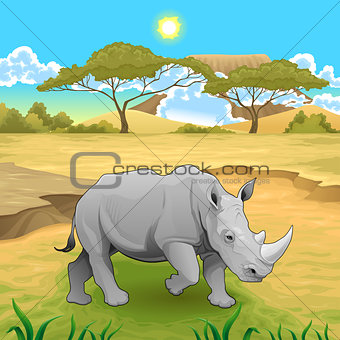 African landscape with rhinoceros.