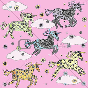 Background with cartoon unicorns for little girls