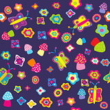Childish background with flowers butterflies and mushrooms