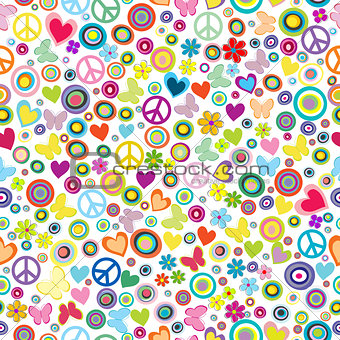 Flower power background seamless pattern with flowers, peace sig