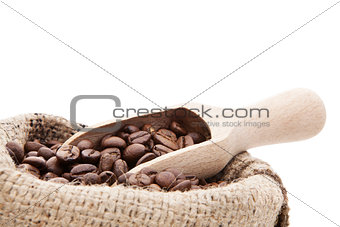 Bag of coffee beans close up.
