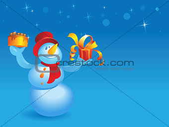 Snowman with cake and gift on blue