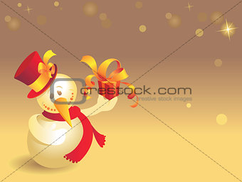 Snowman with gift on gold