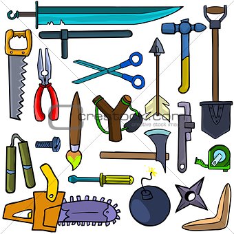 Cartoonish tools and weapons
