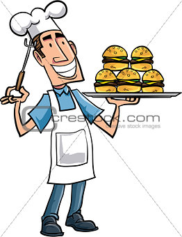 Cartoon chef with hamburgers