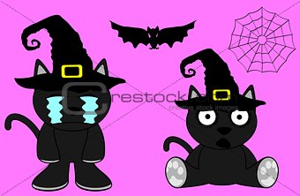 halloween cute black cat witch cartoon set