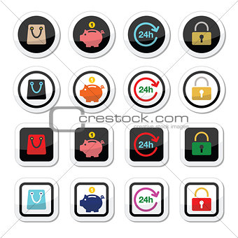 Shopping icons set - account, save, 24h, shopping bag