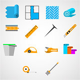 Colored flat vector icons for working with linoleum