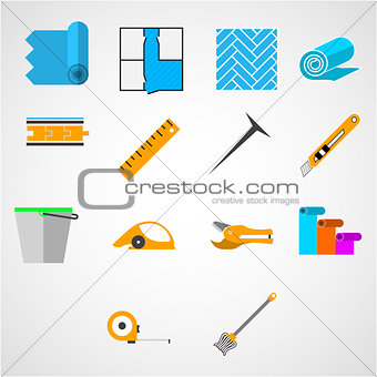 Colored flat vector icons for working with linoleum