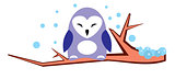 Cute violet owl on a branch in winter - vector illustration