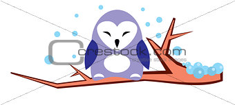 Cute violet owl on a branch in winter - vector illustration