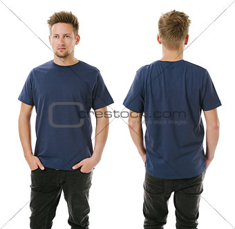 Man posing with blank navy blue shirt