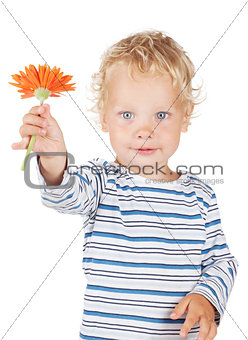 White curly hair and blue eyes baby with flower
