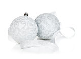 Silver christmas baubles with ribbon