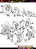 funny fruits set cartoon coloring page