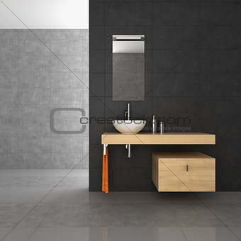 tiled bathroom with wood furniture
