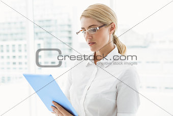 Businesswoman looking at clipboard in office
