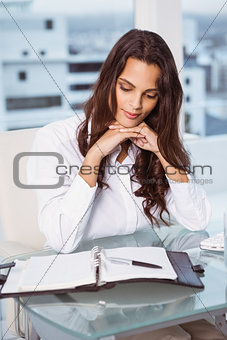 Beautiful businesswoman looking at diary in office