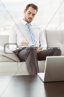 Businessman writing notes in living room